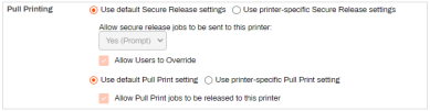 Printing tab showing the default Pull and Secure print settings are enabled. 